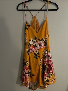 Floral Mustard Spaghetti-Strap Romper